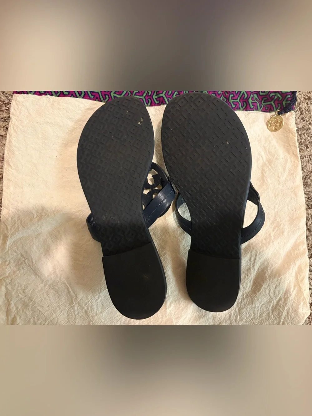 Tory Burch Navy Miller Metal Logo Thong Sandals Silver Size 5